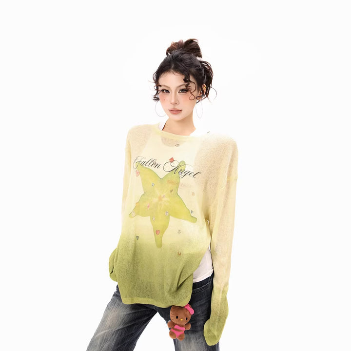Damen Langarmshirt aus weichem Feinstrick mit Dip-Dye‑Gradient und Sternblüten‑Print Drune