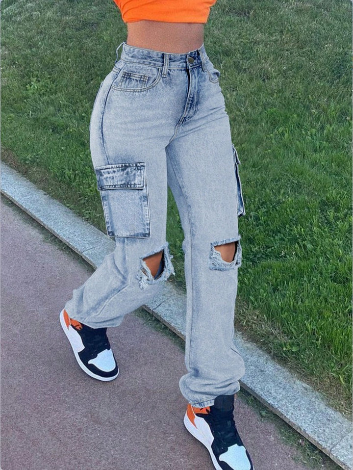 Damen High-Waist Cargo-Jeans mit geradem Bein, Knie-Rissen und seitlicher Klappentasche Drune