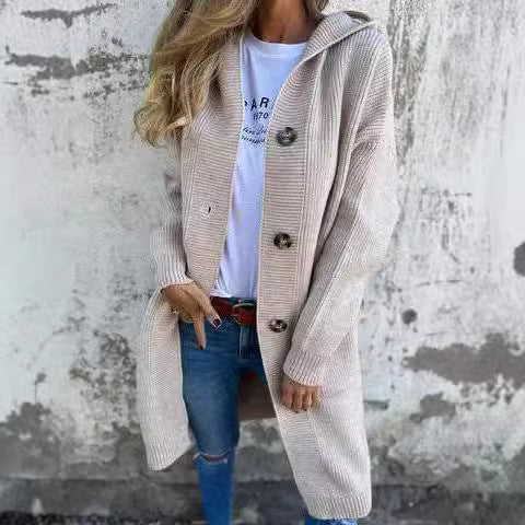 Damen Strickjacke mit Kapuze und Knöpfen Drune