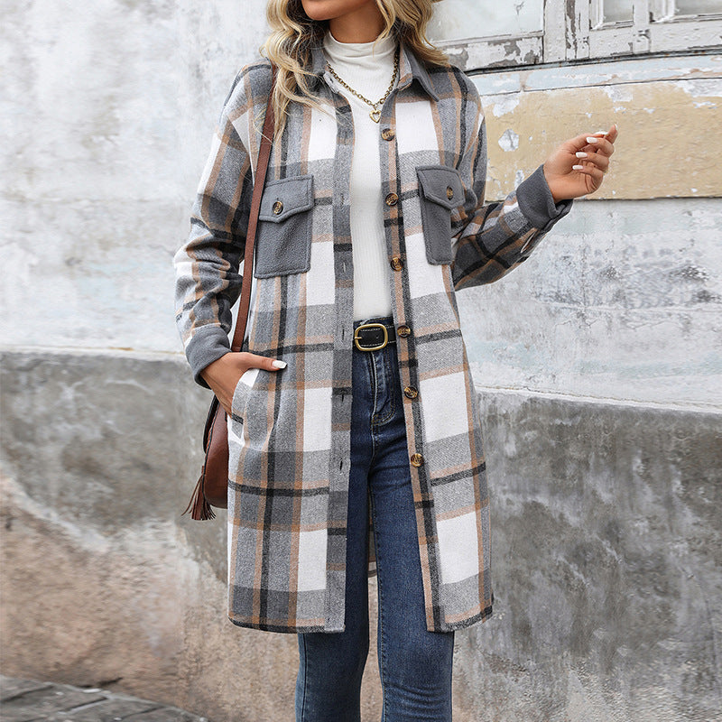 Damen Karierte Hemdblusenkleid mit Taschen Drune