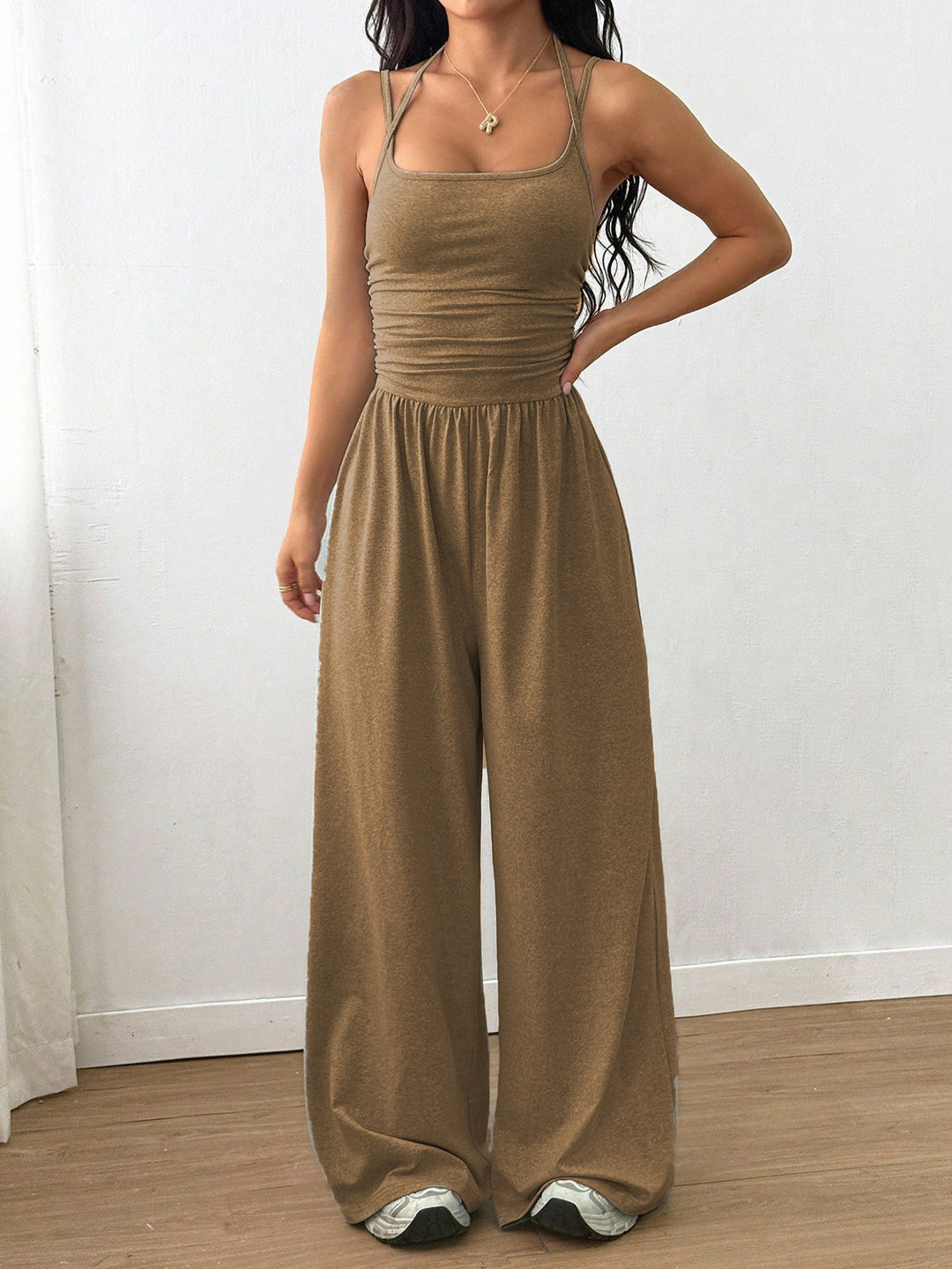 Damen luftiger Jumpsuit mit hohem Bund und verstellbaren Trägern Drune