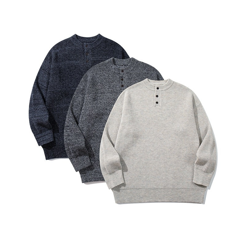 Herren Grobstrick-Henleypullover mit halber Knopfleiste und Rippbündchen Drune
