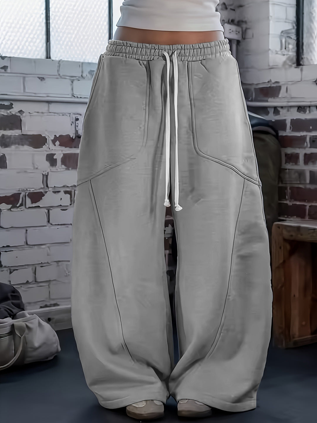 Damen Weite High‑Waist Baggy‑Jogginghose mit Tunnelzug, elastischem Bund und aufgesetzten Taschen Drune