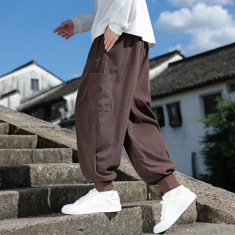 Herren Weitfallende Harem-Jogginghose aus Feincord mit dekorativem Quasten-Kordelzug Drune