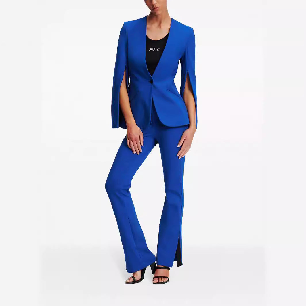 Damen Cape-Ärmel Tailoring-Blazer mit taillierter Silhouette und ausgestellter Hose mit Beinschlitz Drune
