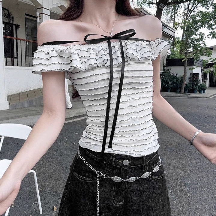 Damen Offshoulder-Bluse mit elegantem Wellenmuster Drune
