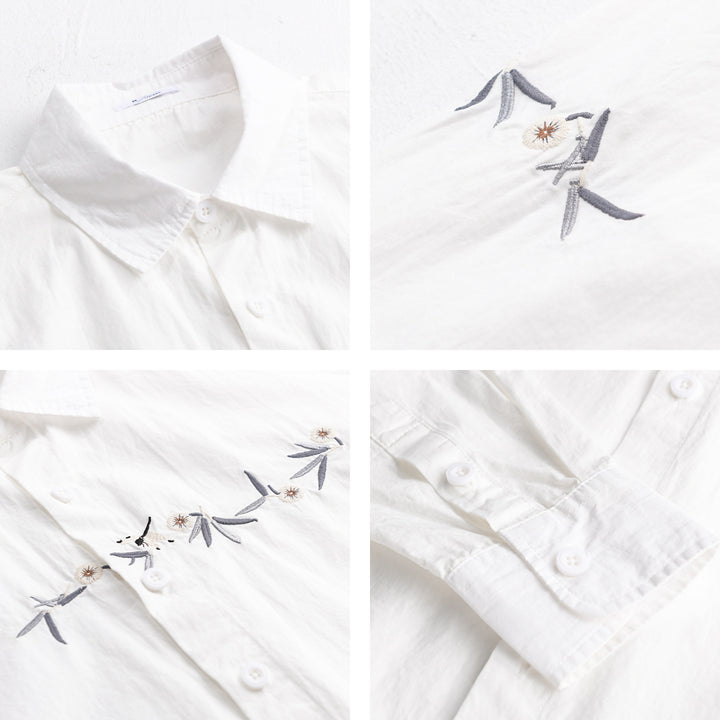 Damen Lockeres besticktes Baumwoll-Overshirt mit Kentkragen und Layering‑Detail Drune