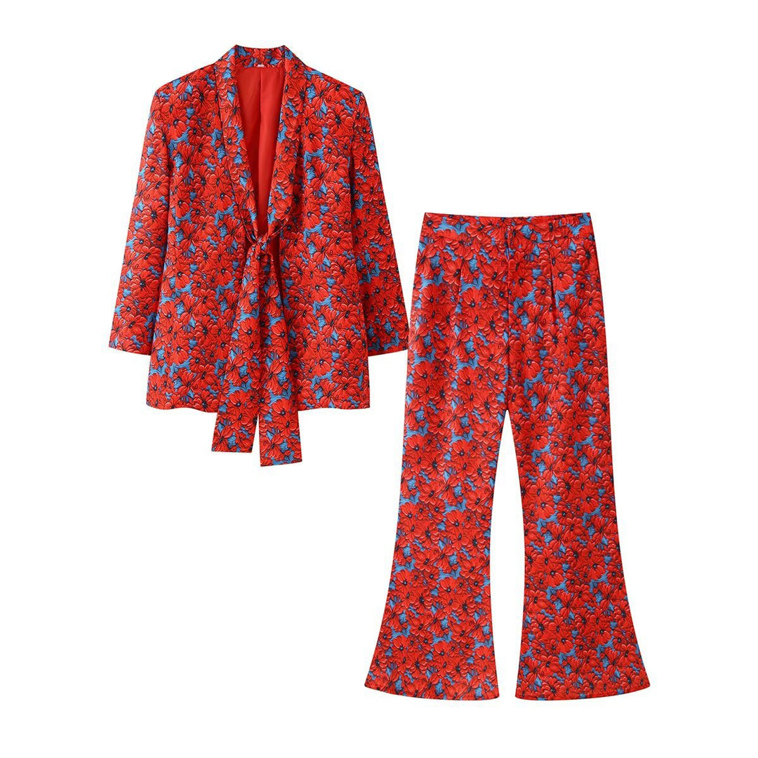 Damen 20+ zweiteiliges Satinset mit lockerem Knotenblazer und weiter Palazzohose Drune