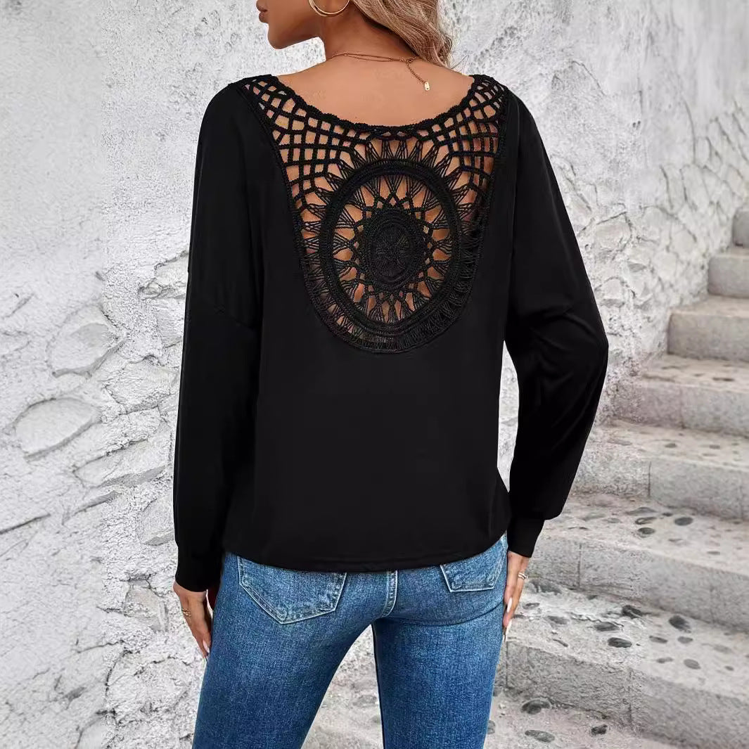 Damen Langarm T-Shirt mit dekorativem Häkelrücken Drune