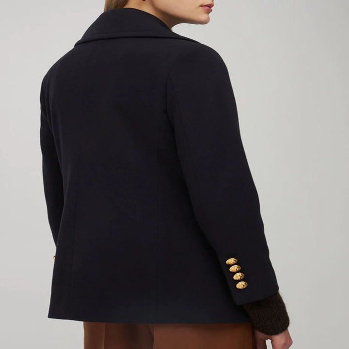 Damen Kurzer Zweireihiger Wollmix-Peacoat mit goldenen Zierrundknöpfen und taillierter Silhouette Drune