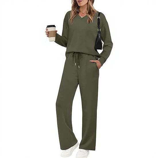 Damen Lässiges Lounge-Set mit V-Ausschnitt-Sweatshirt und weiten Tunnelzug-Hosen Drune