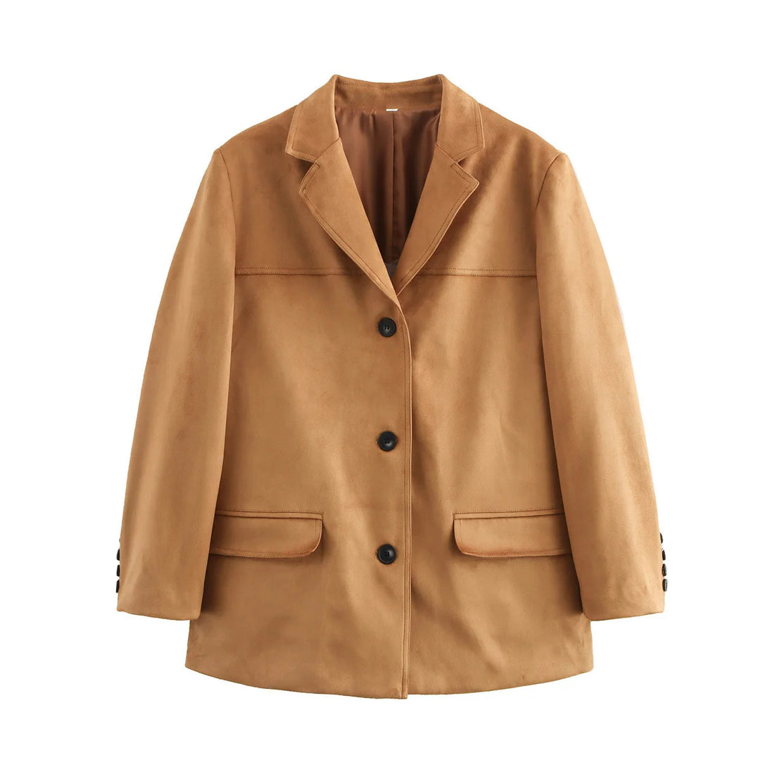 Damen nan kurzer Veloursleder Mantelblazer mit Reverskragen und aufgesetzten Pattentaschen Drune