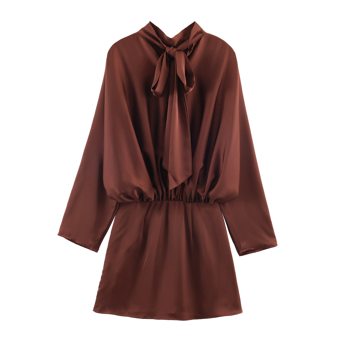 Damen nan elegantes Satin-Minikleid mit Schleifenkragen, Ballonärmeln und elastischer Taille Drune