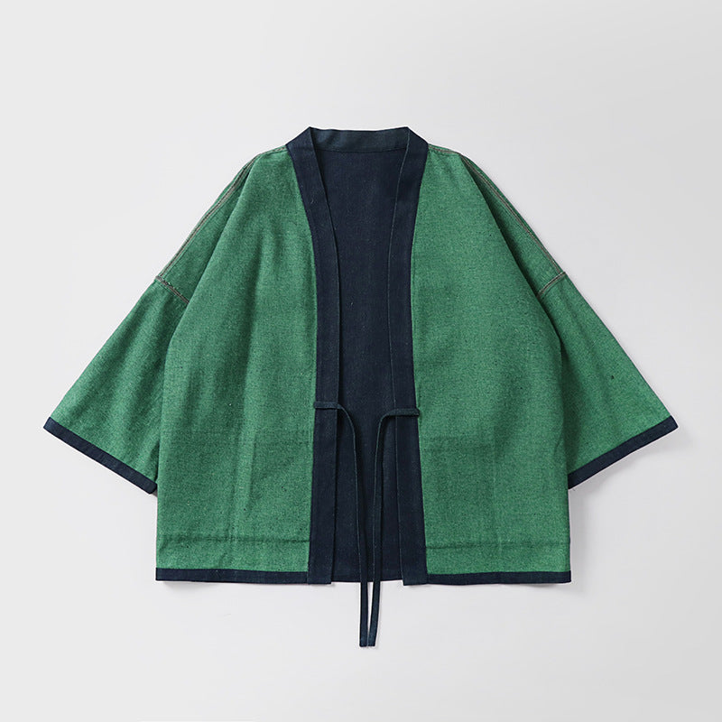 Unisex weit geschnittene Kimono-Jacke aus Baumwoll-Denim mit Bindeband und großen Aufgesetzten Taschen Drune