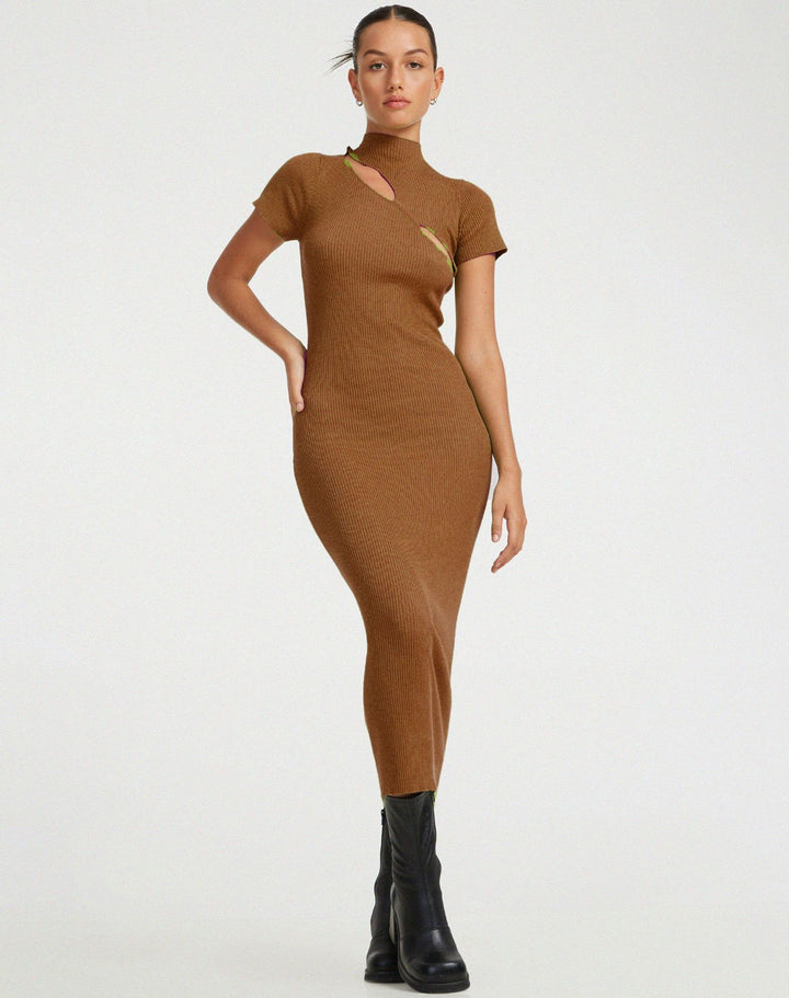 Damen figurbetontes Strickkleid mit asymmetrischem Ausschnitt und hohem Kragen Drune