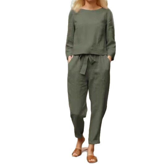 Damen Lässiges Leinen-Loungewear-Set mit Rundhalsausschnitt, Bindegürtel und knöchellanger Hose Drune