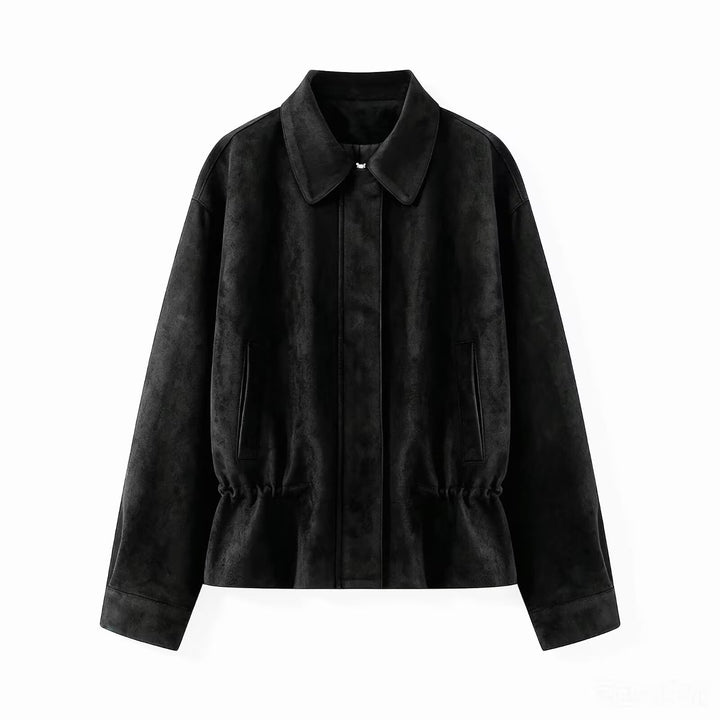 Damen Boxy‑Blousonjacke aus Veloursimitat mit taillierendem Tunnelzug und verdeckter Front Drune