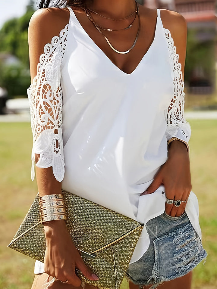 Damen Bluse mit offenen Schultern und Spitzenakzenten Drune