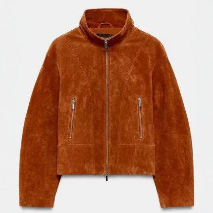 Damen Cropped-Veloursjacke im minimalistischen Design mit Stehkragen, Ziernähten und Reißverschlusstaschen Drune