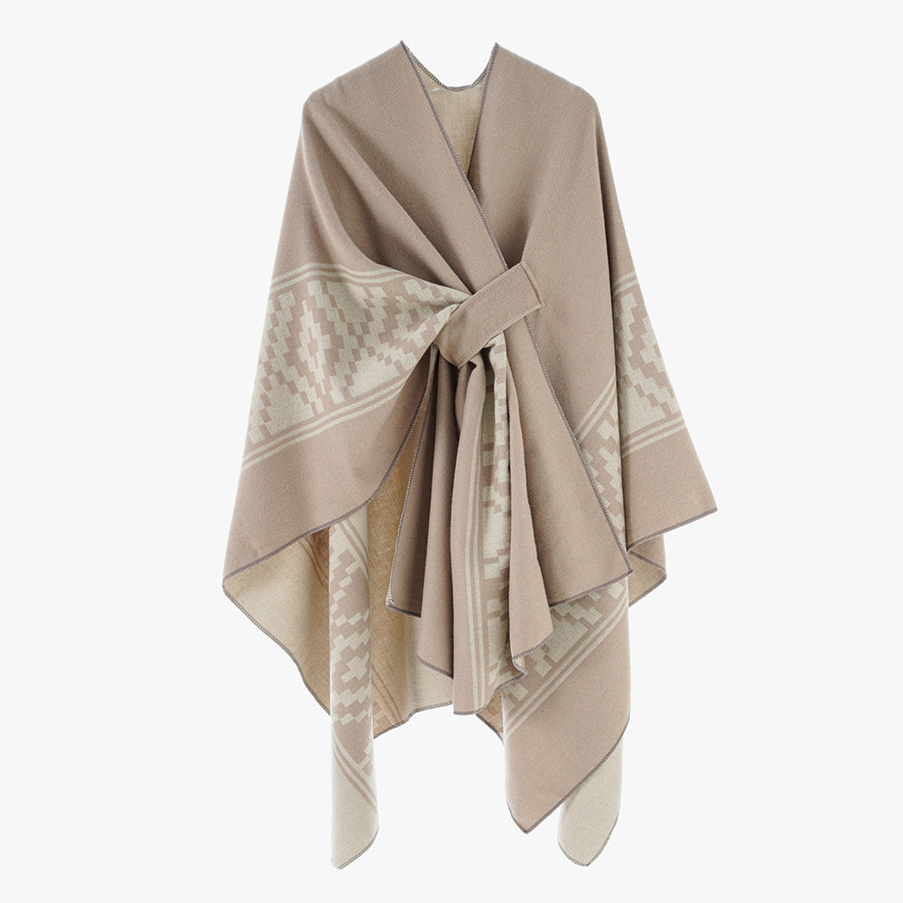 Damen Jacquard‑Ruana mit Bindegürtel und geometrischem Muster Drune