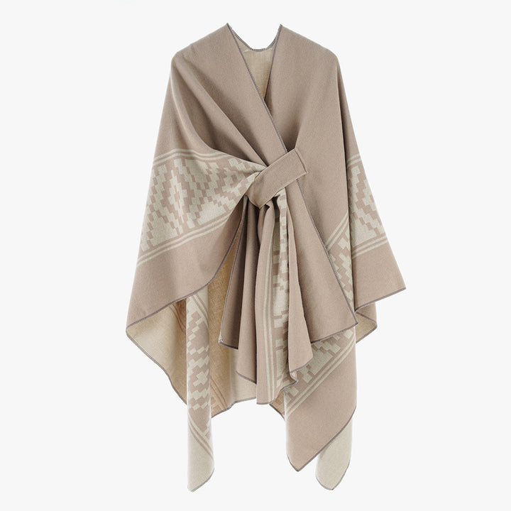 Damen Jacquard‑Ruana mit Bindegürtel und geometrischem Muster Drune