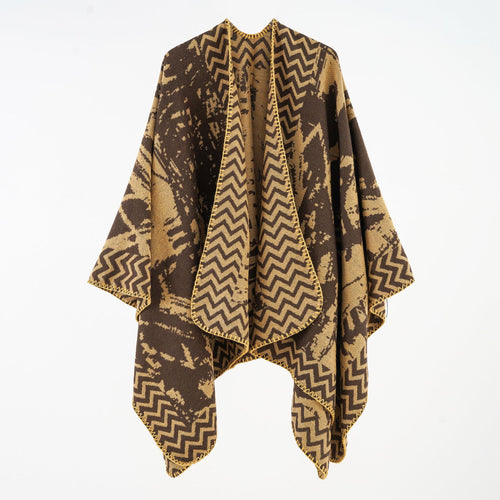 Damen Multifunktionaler Jacquard-Wickelcape mit Zickzack-Bordüre Drune