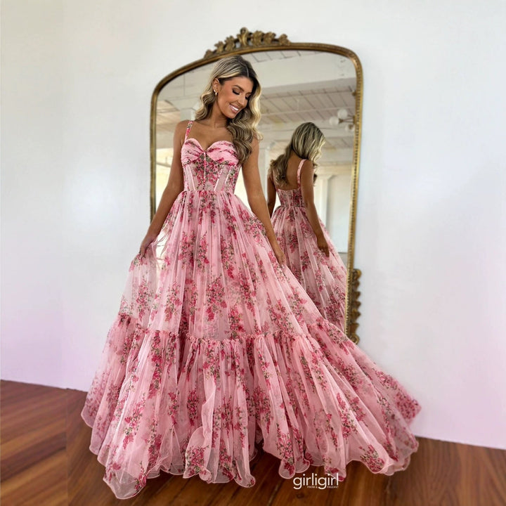Damen Maxikleid mit floralem Tüll und voluminösem Rock Drune