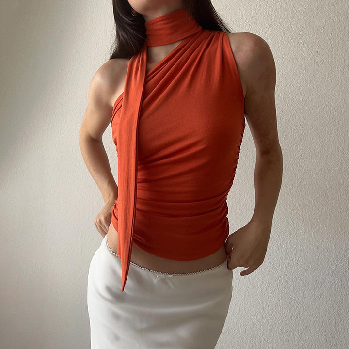Damen asymmetrisches Top mit bindbaren Schlaufen und Raffung Drune