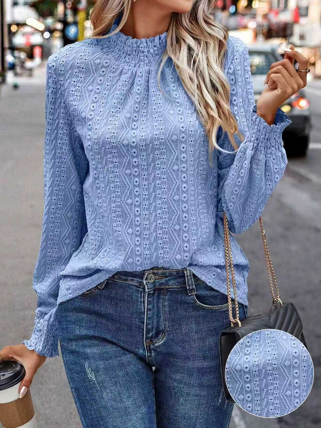 Damen Lochspitzen-Bluse mit gerafftem Stehkragen und Smok-Ärmeln Drune