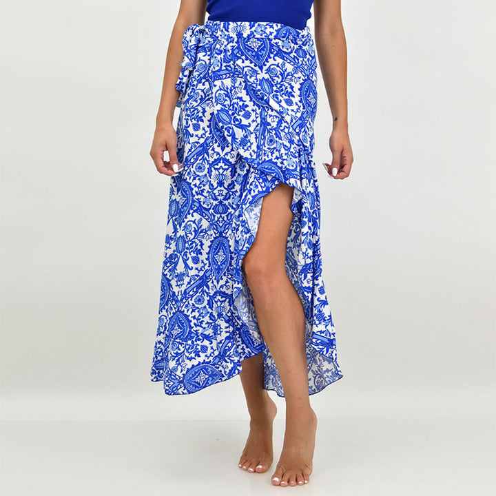 Damen Wickel-Midirock mit ornamentalem Print, Bindegürtel & Volantsaum Drune
