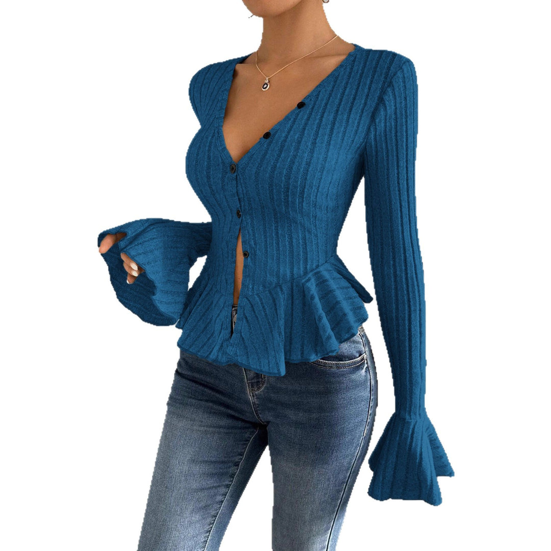 Damen Strickoberteil mit raffiniertem Kellerfalten-Design und Knopfleiste Drune