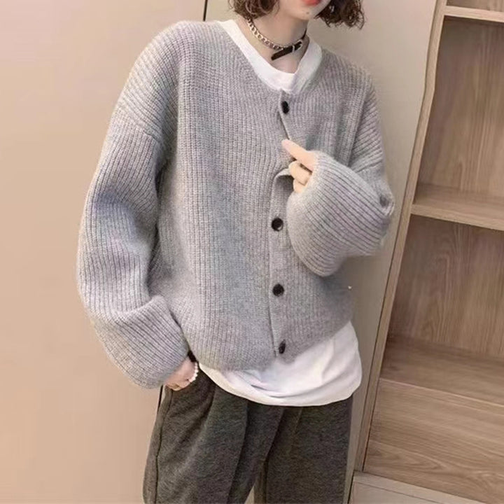 Damen lässige Strickjacke mit vorne offenen Knöpfen und ballonförmigen Ärmeln Drune