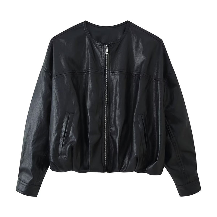 Damen Cropped Blouson in Glattlederoptik mit Rundhalsausschnitt und elastischem Saum Drune