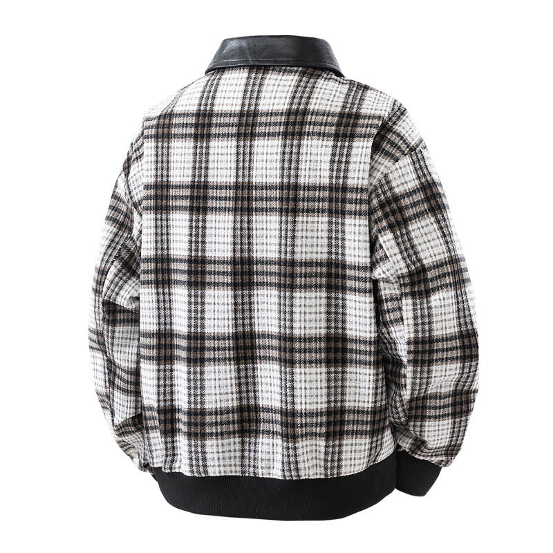 Herren karierte Overshirt-Jacke mit Kunstlederkragen, gefüttertem Innenfutter und elastischen Bündchen Drune