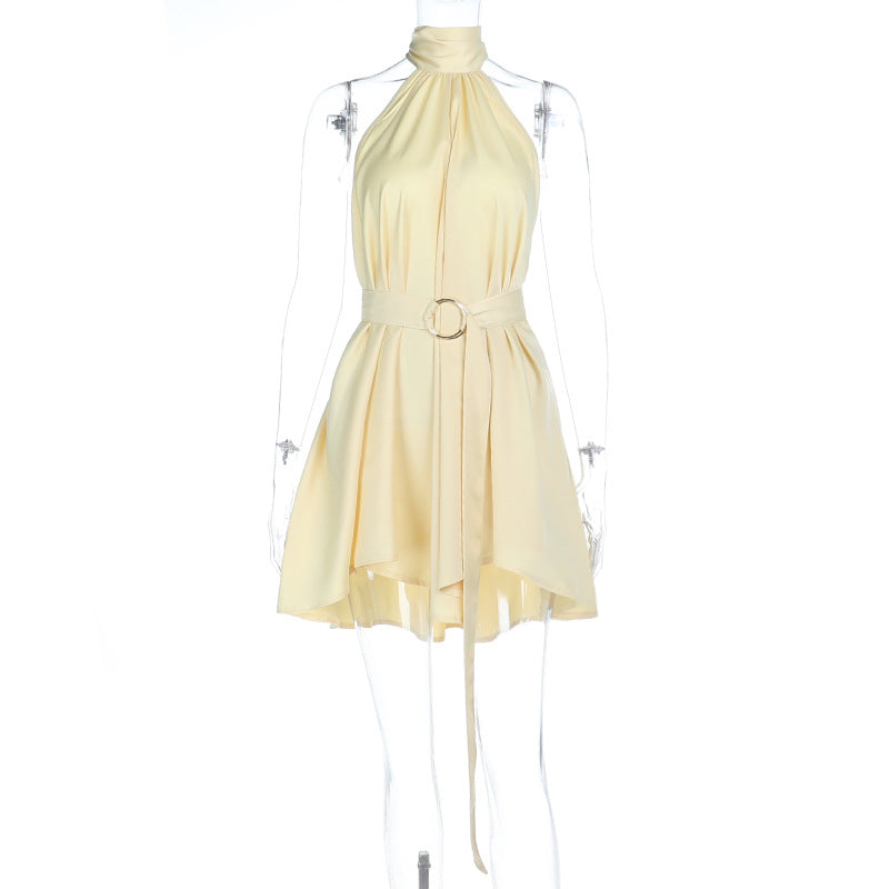 Damen ärmelloses Wickelkleid mit hochgeschlossenem Kragen und Gürtel Drune