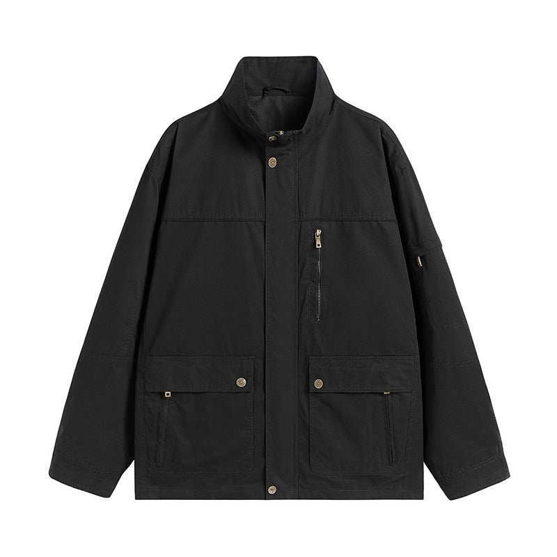 Herren leichte Utility-Feldjacke mit Stehkragen und Mehrfachtaschen Drune