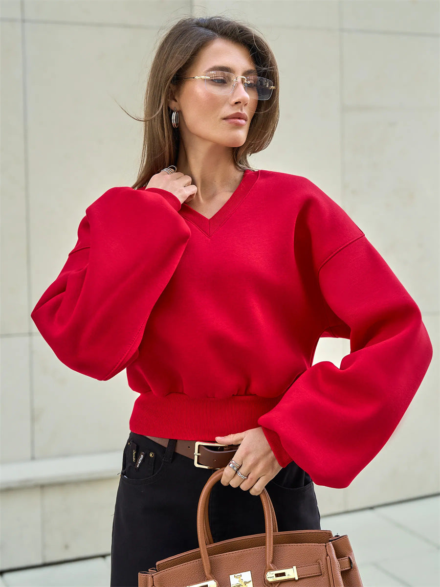 Damen Cropped V-Ausschnitt Pullover mit Ballonärmeln und Rippbund Drune