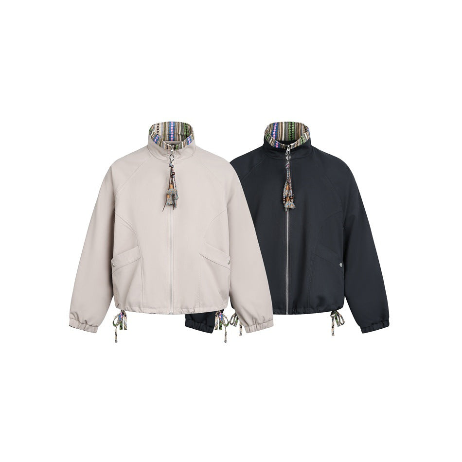 Damen Kurzjacke im Boxy‑Cut mit gemustertem Stehkragen und Kordelzug Drune