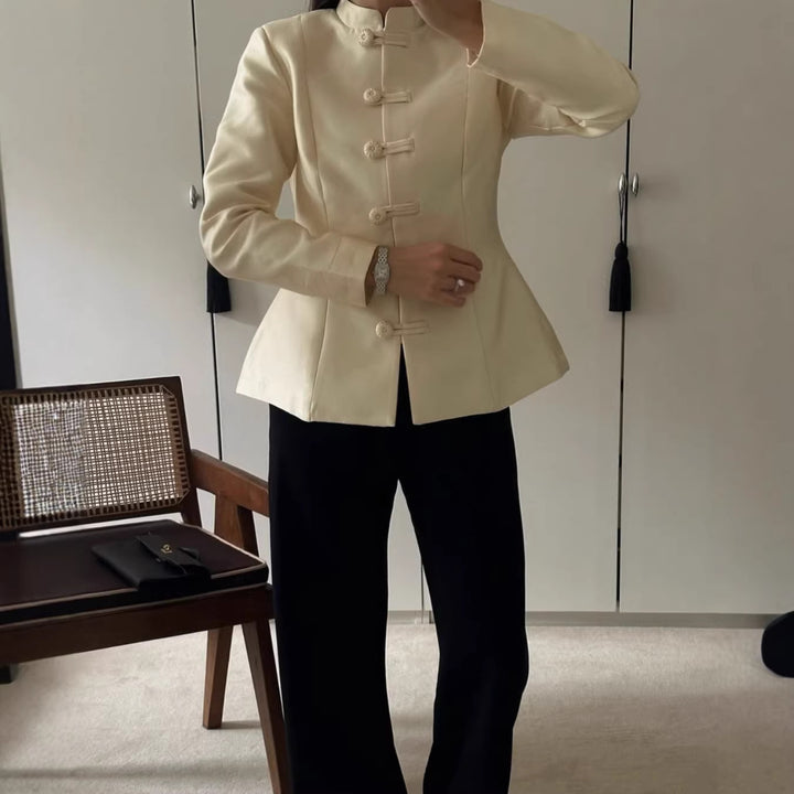 Damen Taillierter Mandarin-Blazer mit Froschknöpfen und formenden Abnähern Drune