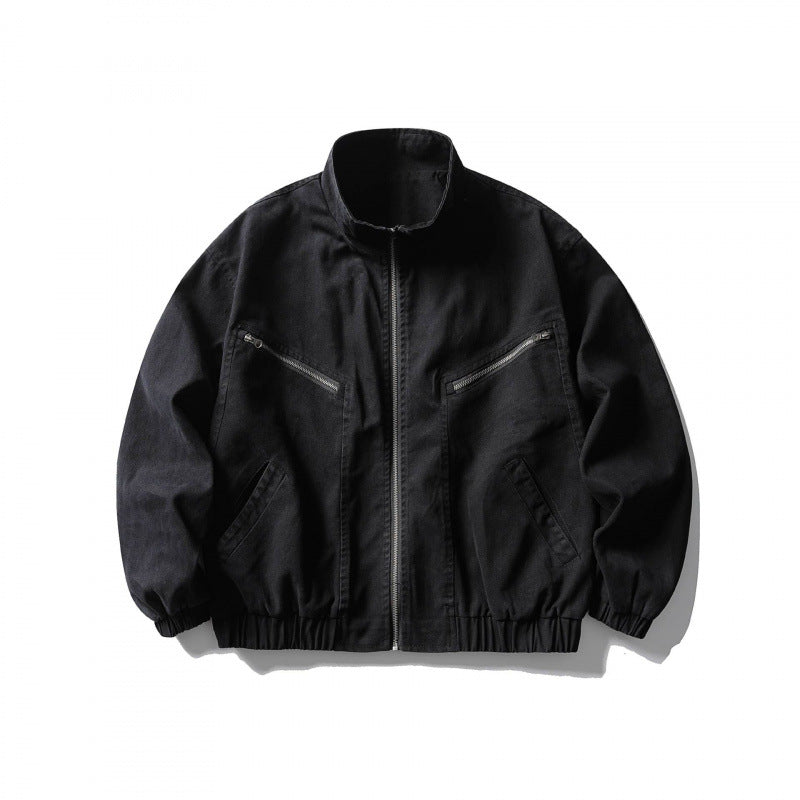 Unisex Kastenförmige Zip-Blousonjacke aus Canvas mit Stehkragen, schrägen Reißverschlusstaschen und elastischem Saum Drune
