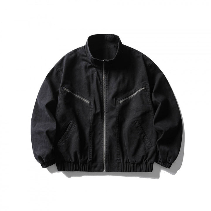 Unisex Kastenförmige Zip-Blousonjacke aus Canvas mit Stehkragen, schrägen Reißverschlusstaschen und elastischem Saum Drune