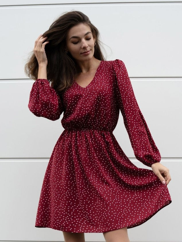 Damen Freizeitkleid mit V-Ausschnitt und Puffärmeln Drune