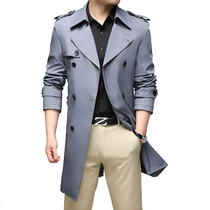 Herren Moderner Slim-Fit Trenchcoat mit Epauletten und doppelreihiger Knopfleiste Drune