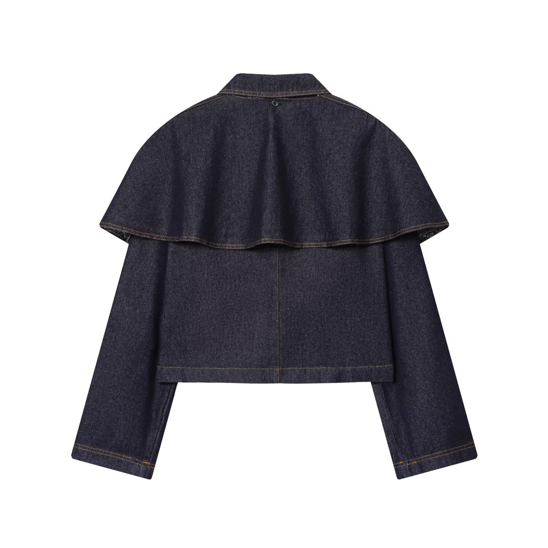 Damen Kurze Jeansjacke mit Cape‑Einsatz, Pattentaschen und Druckknöpfen Drune