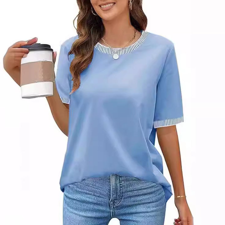 Damen lässiges Kurzarm-Shirt mit modischem Streifenkragen Drune