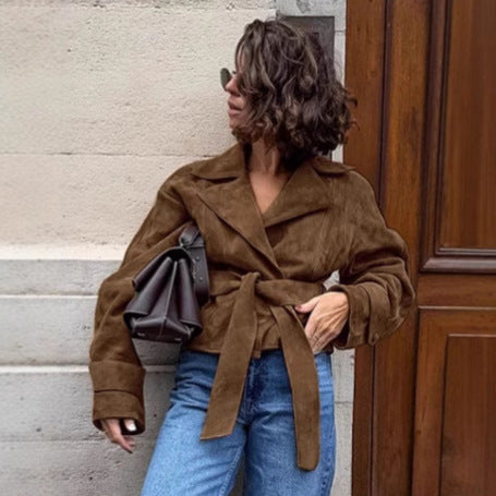 Damen Modische Suede-Blazerjacke mit tailliertem Design und Raffungen Drune