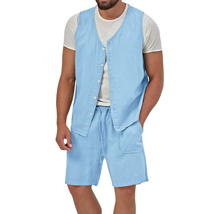 Herren nan zweiteiliges Freizeit-Set mit ärmelloser Knopfweste und weiten Kordelzug-Shorts mit aufgesetzten Taschen Drune