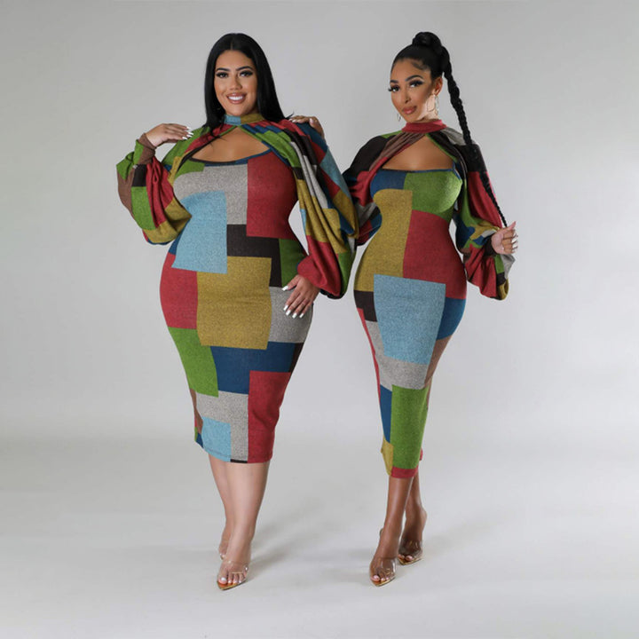 Damen Figurbetontes Patchwork-Kleid mit Überwurf Drune