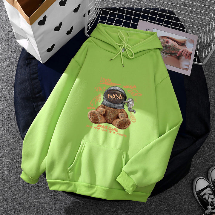 Damen nan lässiger Hoodie mit Astronauten‑Teddy‑Print, Kängurutasche und weichem Fleece-Innenfutter Drune