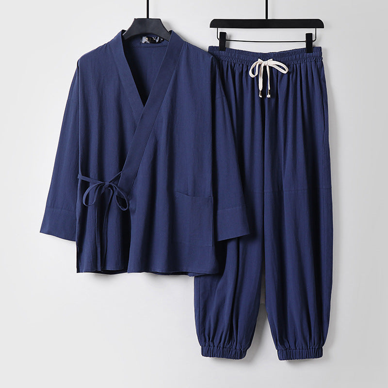 Unisex Entspanntes Kimono-Set mit Wickeljacke, dreiviertelärmeln und elastischer Kordelharemshose Drune